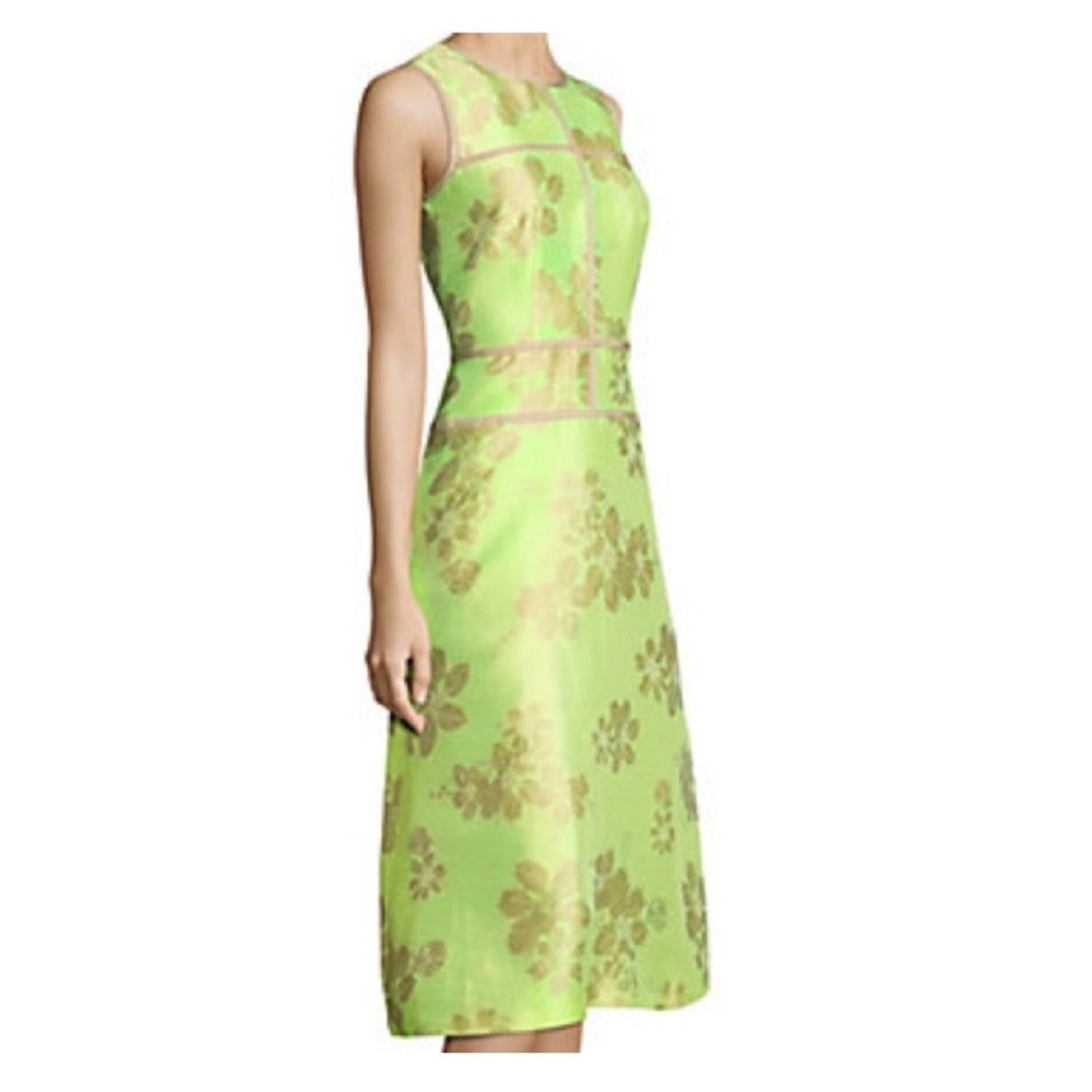 Lafayette 148 Sheath Dress Women 12 Lime Green Floral Jacquard Sleeveless